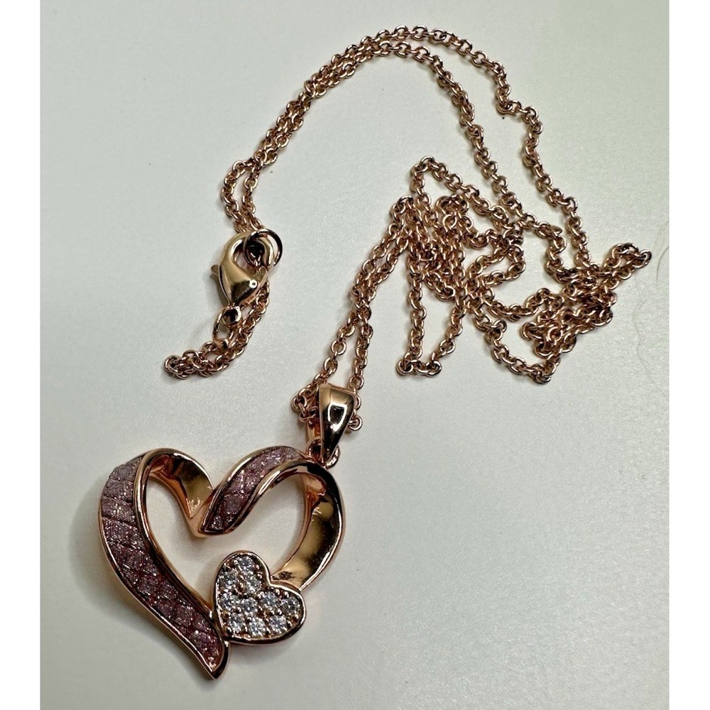 JCM Heart Pendant Necklace Pink CZ Rose Tone Brass Signed  17"